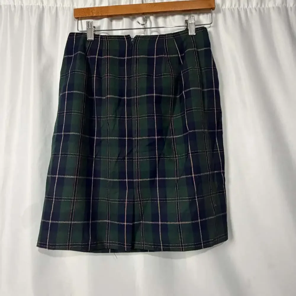 Christy Girl Green Plaid Polyester Pencil Mini Skirt Size 12 Vintage